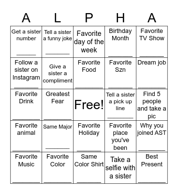 Alpha Simga Tau Bingo  Bingo Card