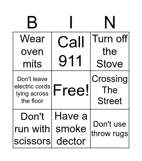 Safety Awareness Bingo Card