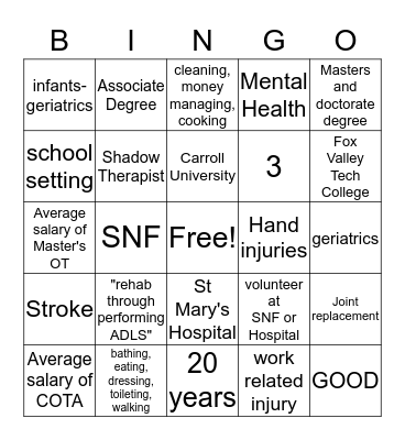 Occupational Therapy  Bingo Card