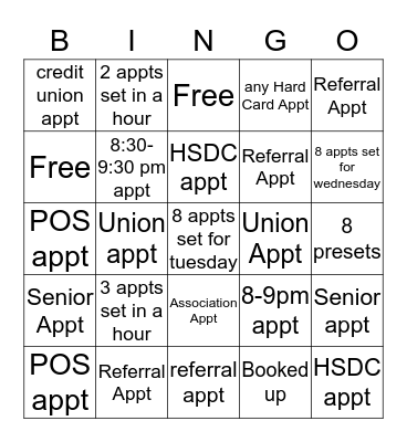 Monday Call Night Bingo Card