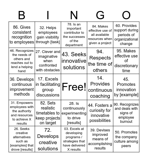 Performance Review Bingo Card