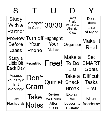 STUDY SKILLS BLINGO Bingo Card