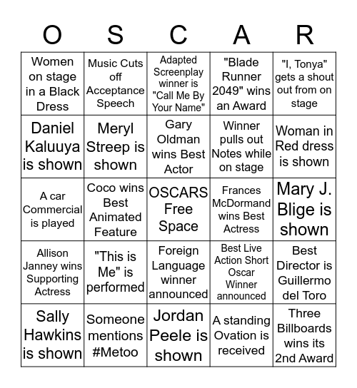 2018 Oscars Bingo Card