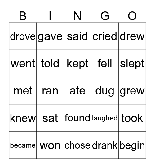 Past Tense BINGO Card