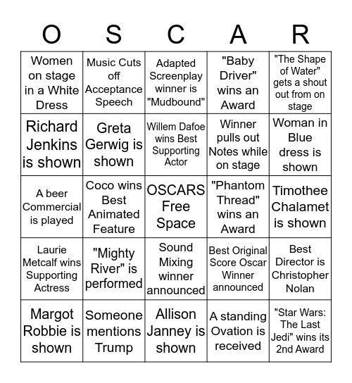 2018 Oscars Bingo Card