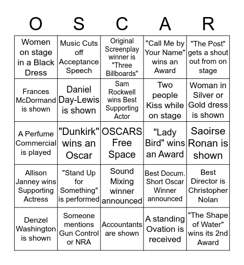 2018 Oscars Bingo Card