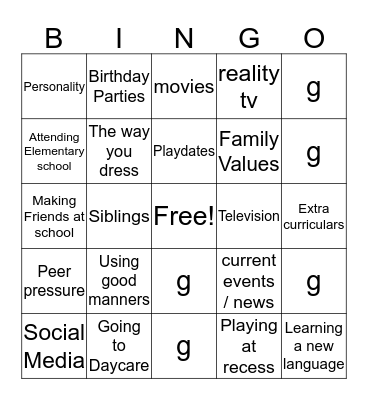 Socialization Bingo Card