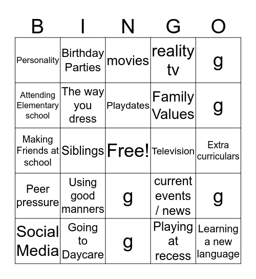Socialization Bingo Card
