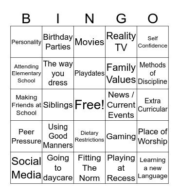 Socialization Bingo  Bingo Card