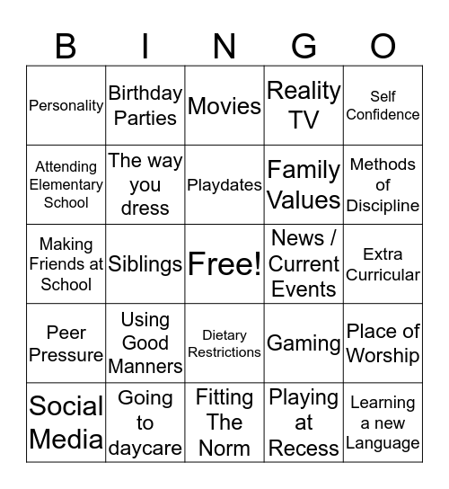 Socialization Bingo  Bingo Card