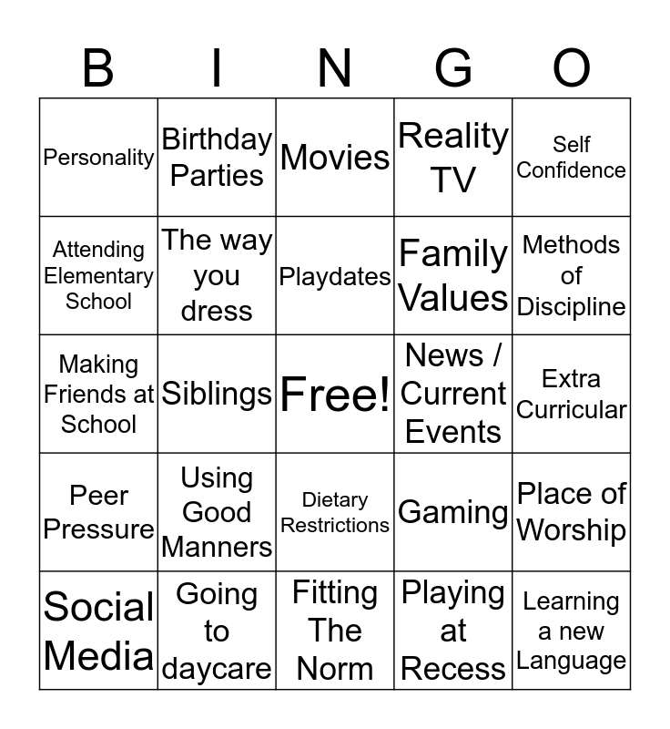 Socialization Bingo Bingo Card