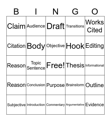 Writing Terms Bingo Card