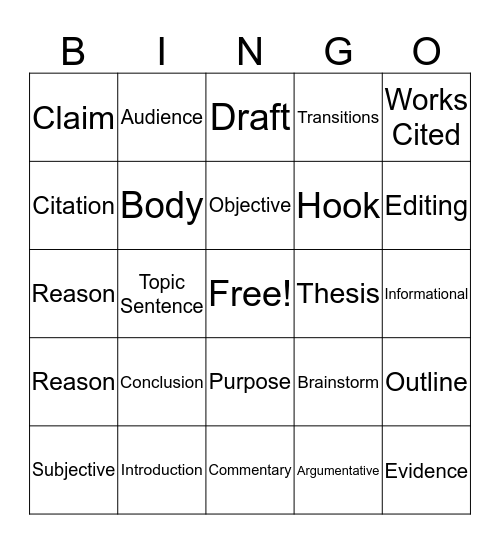 Writing Terms Bingo Card