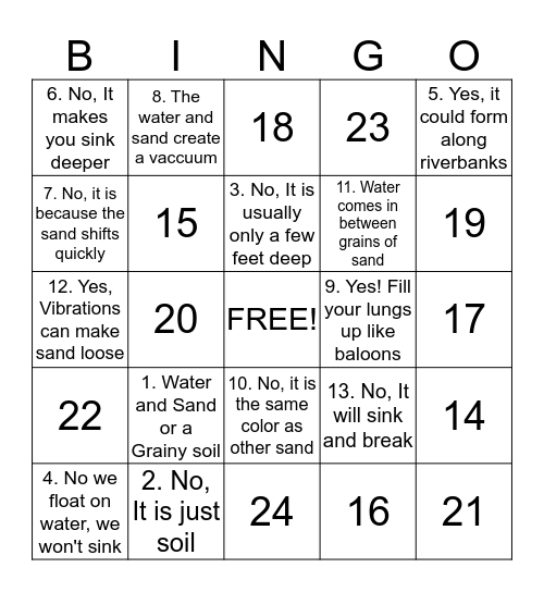 Quicksand Bingo Card