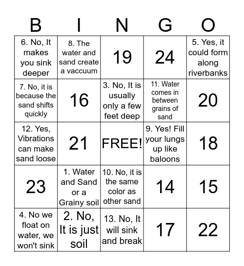 Quicksand Bingo Card