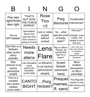 Star Wars Discussions Post The Last Jedi Bingo Card