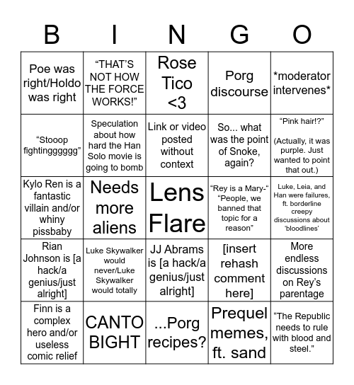 Star Wars Discussions Post The Last Jedi Bingo Card