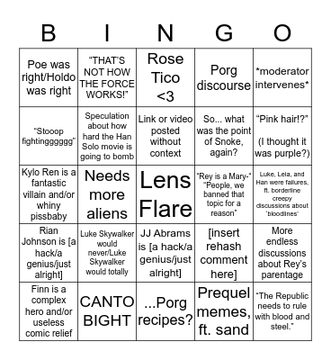Star Wars Discussions Post The Last Jedi Bingo Card