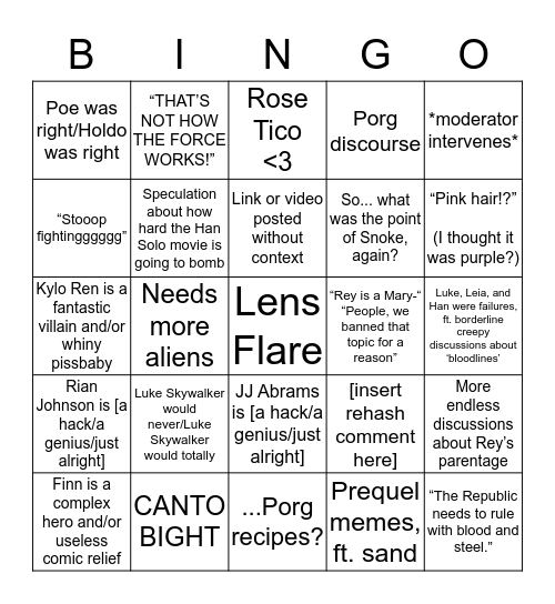 Star Wars Discussions Post The Last Jedi Bingo Card