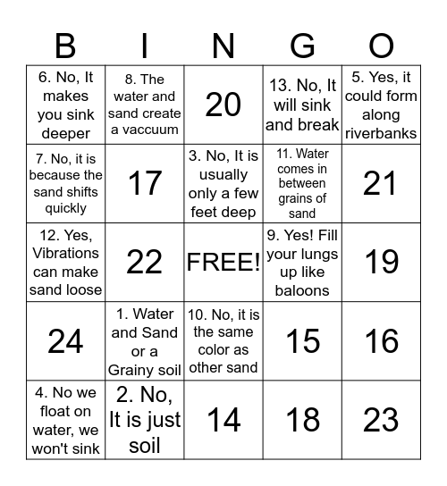 Quicksand Bingo Card