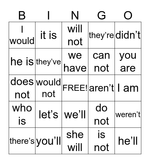 Contraction BINGO! Bingo Card