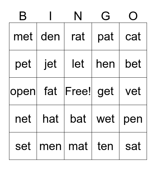 /-at/, /-et/ and /-en/ Bingo Card