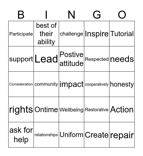 Charter of respect Bingo Card