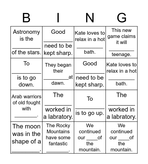 SC word bingo Card