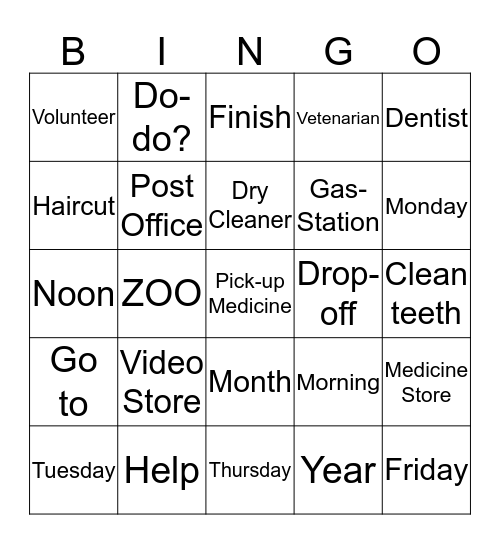 Errands Bingo Card