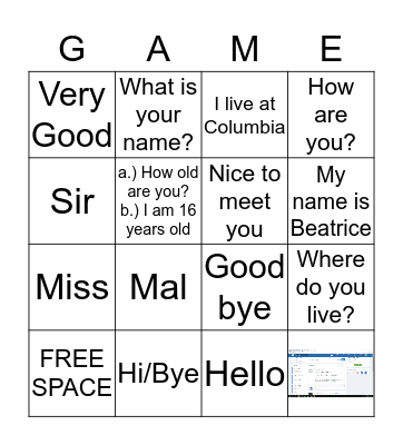 French GAME Bingo Card