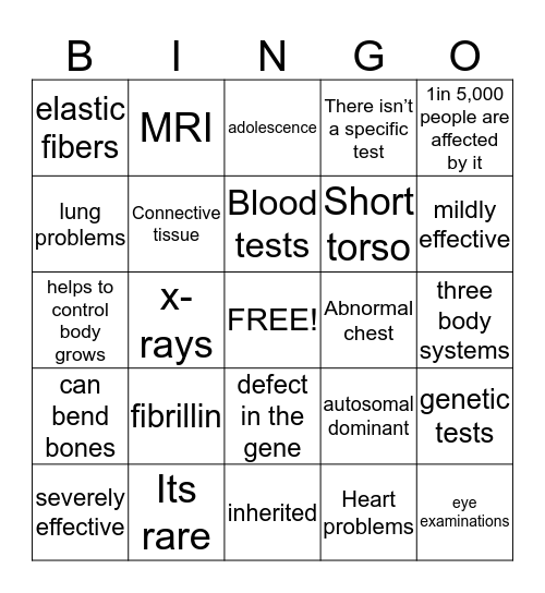 Marfan Syndrome Bingo Card
