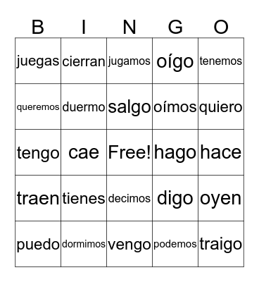 "go" and boot verbs Bingo Card