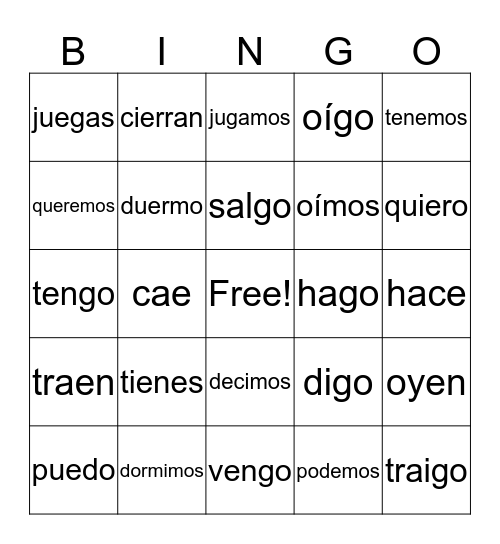 "go" and boot verbs Bingo Card