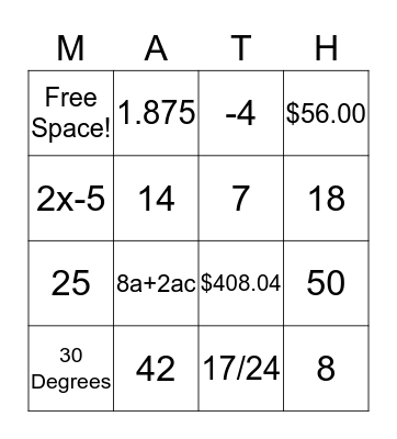 Math Act Prep Bingo Card