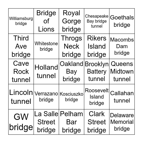 Bridges & Tunnels in USA Bingo Card