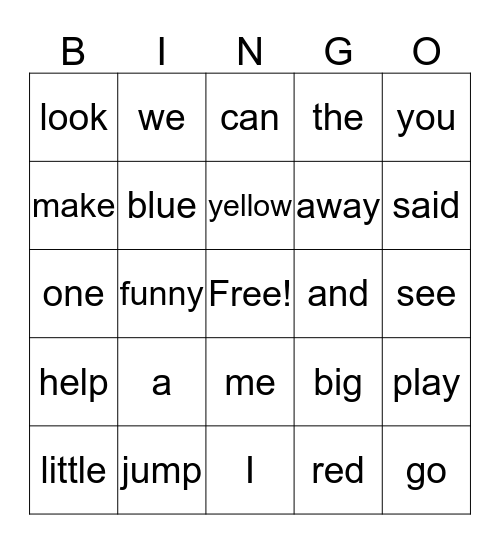 Sight word Bingo Card