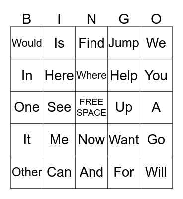 Sight Word Bingo Card
