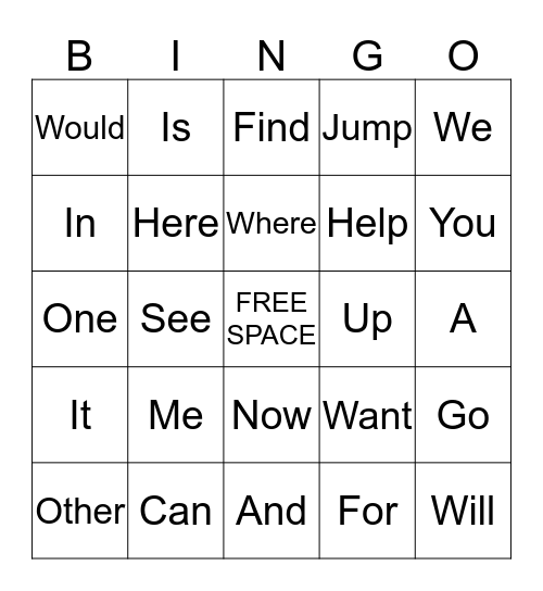 Sight Word Bingo Card