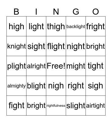 "igh" says "i" Bingo Card