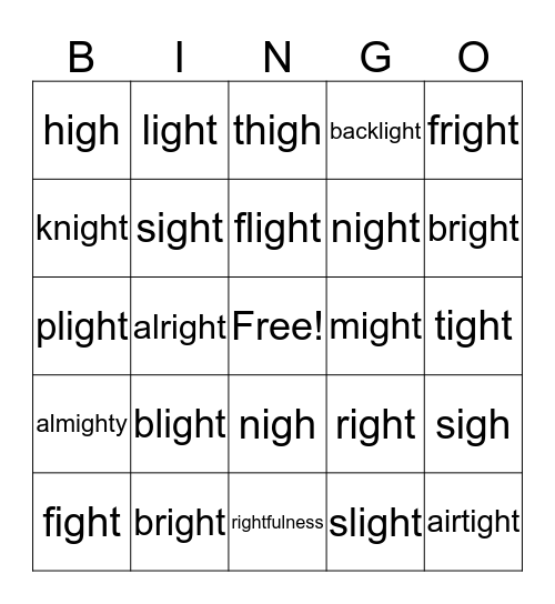 "igh" says "i" Bingo Card