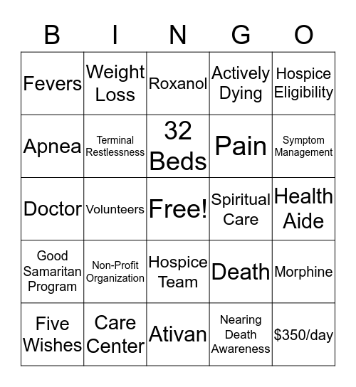 Angela Hospice Bingo Card