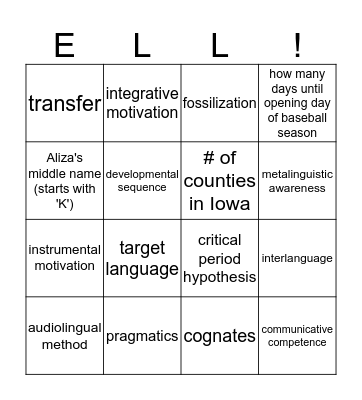 Language Acquisition Bingo Card