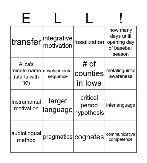 Language Acquisition Bingo Card