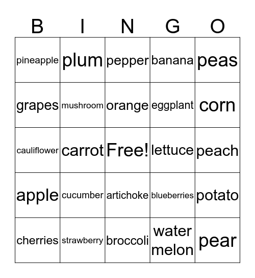 Les fruits and les legumes Bingo Card