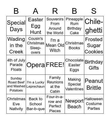 Grandma Barbara Bingo Card