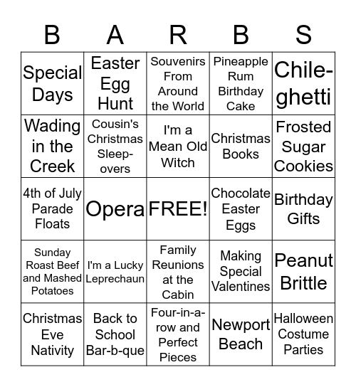 Grandma Barbara Bingo Card