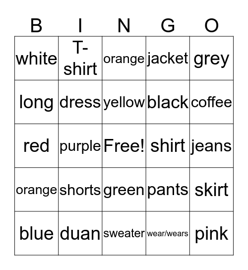 colors & clothing Bingo Card