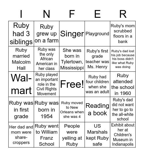 Ruby Bridges  Bingo Card