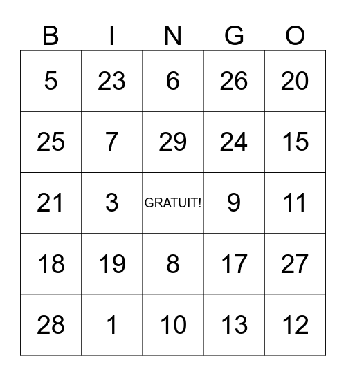 les chiffres  1 à 30 Bingo Card