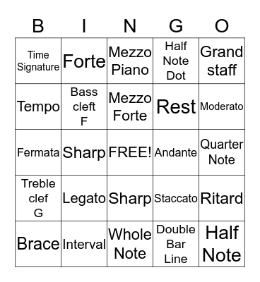 Piano Bingo Card